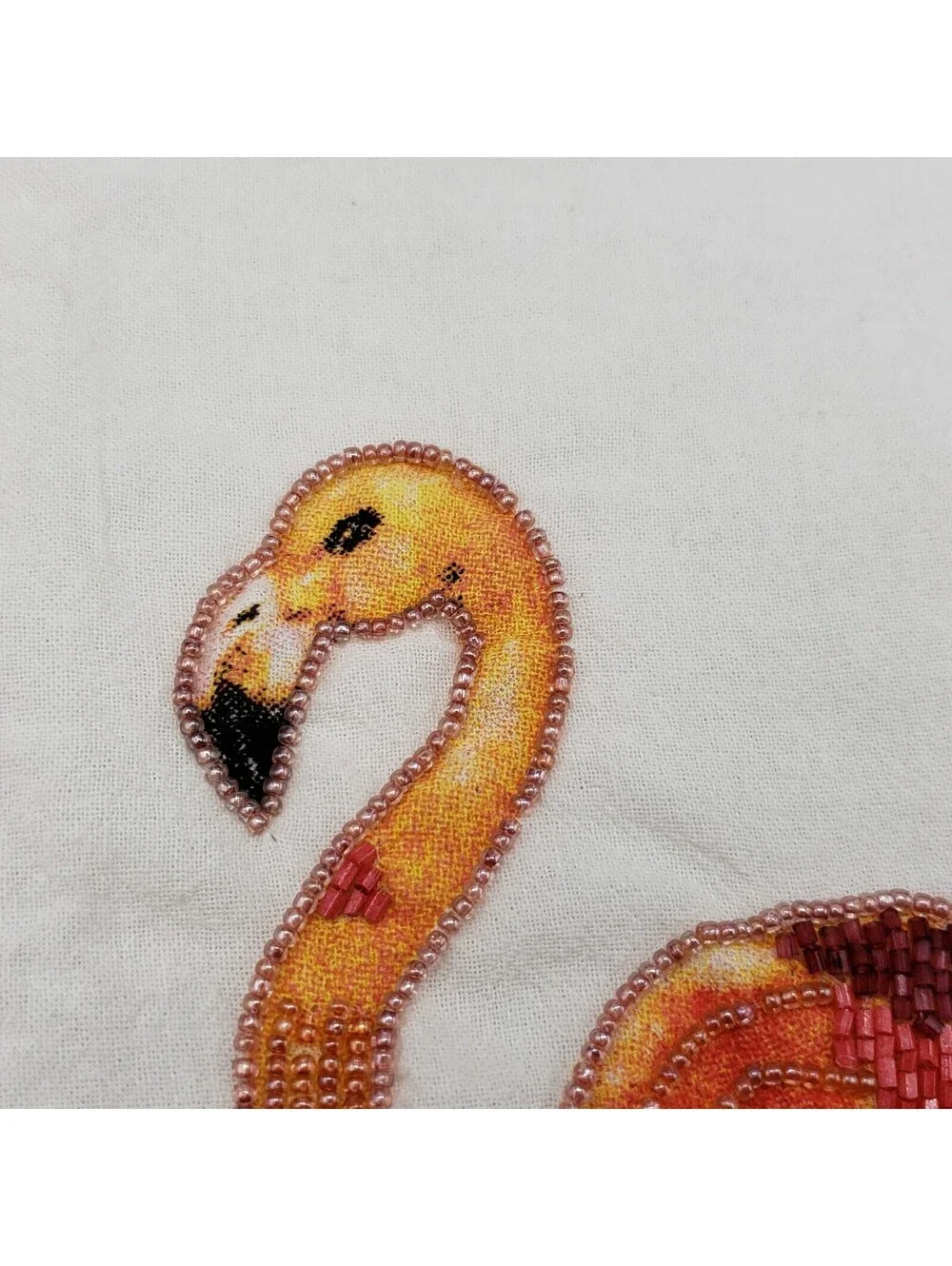 Pier 1 Flamingo Cotton Tea Towel Beaded Accents Velvet Ribbon Trim NWOT